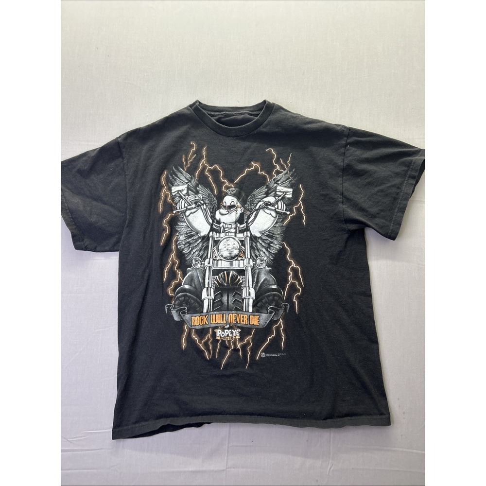 Popeye Cycle Club "Rock will never die" Vintage T-Shirt Black Size XL Y2k